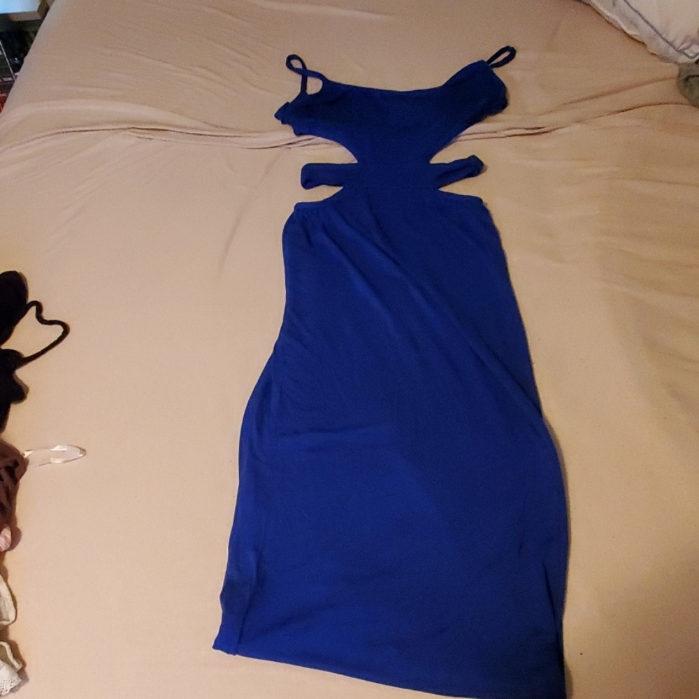 Electric blue tight maxi dress with cut outs